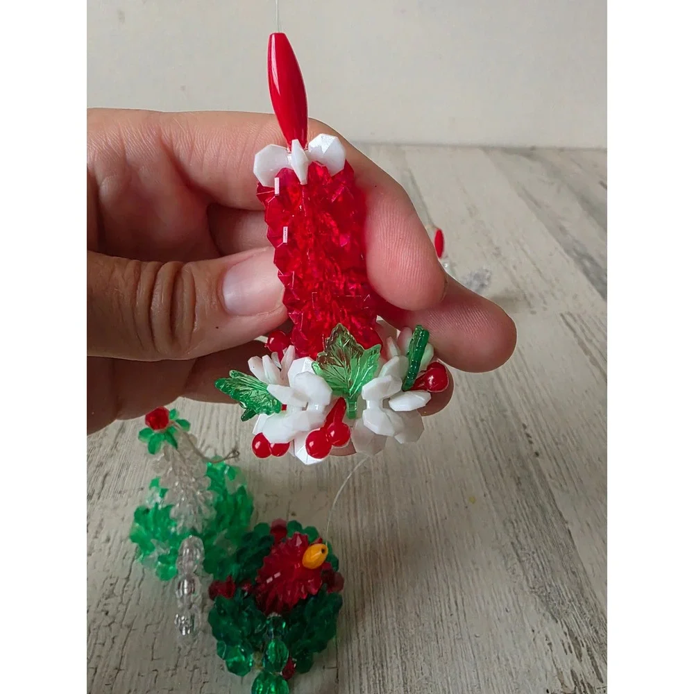 Vintage beaded candle ornament Red Green set Xmas tree